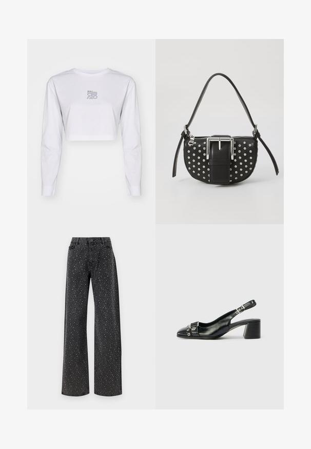Hvid langærmet croppet T-shirt lavet af bomuld. Har et trykt logo i blå og gul på brystet. Enkel, ren design med tætsiddende ærmer.; Noisy May Rhinestone - Jeans Relaxed Fit - black denim; Sorte læder slingback hæl med spids tå, tekstureret rem med cirkulære metalliske accenter, og en stablet blokhæl.; Sort læderhåndtaske med en buet form, prydet med sølvnitter og en fremtrædende sølvspænde på forsiden. Justerbar rem medfølger.