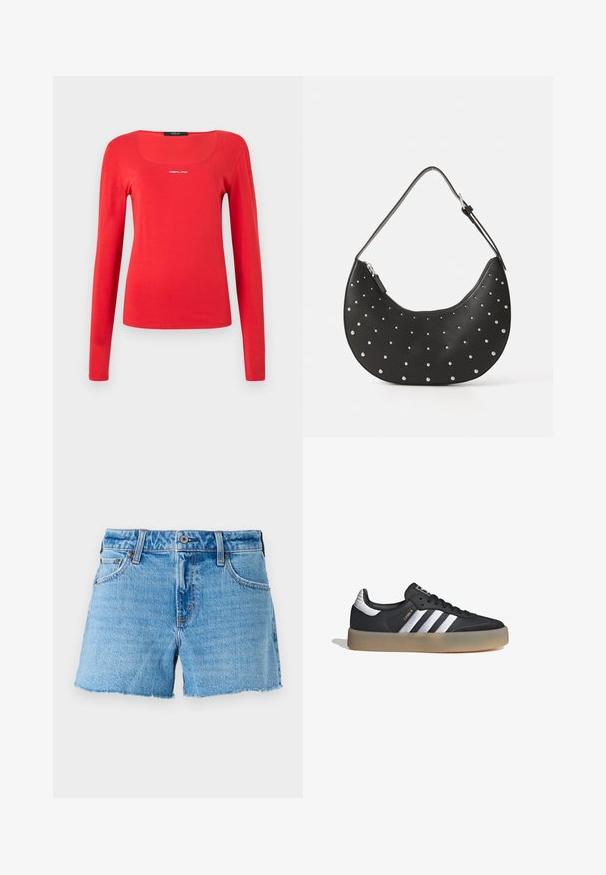 Replay SQUARED NECK - Camiseta de manga larga - red; Pantalones cortos de mezclilla en azul claro, con un dobladillo sin acabar, diseño de cinco bolsillos y cierre de botón de bronce. Textura suave con ligero desvanecimiento.; Zapatilla deportiva de cuero negro con tres rayas plateadas, punta texturizada y suela de goma. Cuenta con un collar acolchado y un diseño con cordones.; Bolso de mano de cuero negro con forma curva, adornado con tachuelas plateadas, cuenta con cierre de cremallera y una sola correa ajustable.