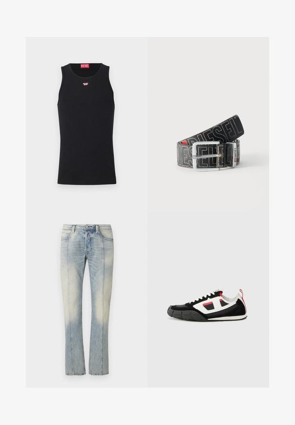 Schwarzes ärmelloses Diesel Tanktop mit kleinem roten und weißen Logo auf der Brust und rotem Diesel-Label innen im Kragen.; Hellblaue Jeans aus Denim mit geradem Bein, doppelt abgesteppten Nähten, Fronttaschen und einem verwaschenen Finish. Kein sichtbares Markenzeichen.; Diesel S PAGODHA LOW - Sneaker low - black; Schwarzer Diesel-Gürtel mit großem weißen Logotext, rechteckiger silberner Schnalle und gebrandetem Metallschlaufen-Detail, aufgewickelt auf hellem Hintergrund.