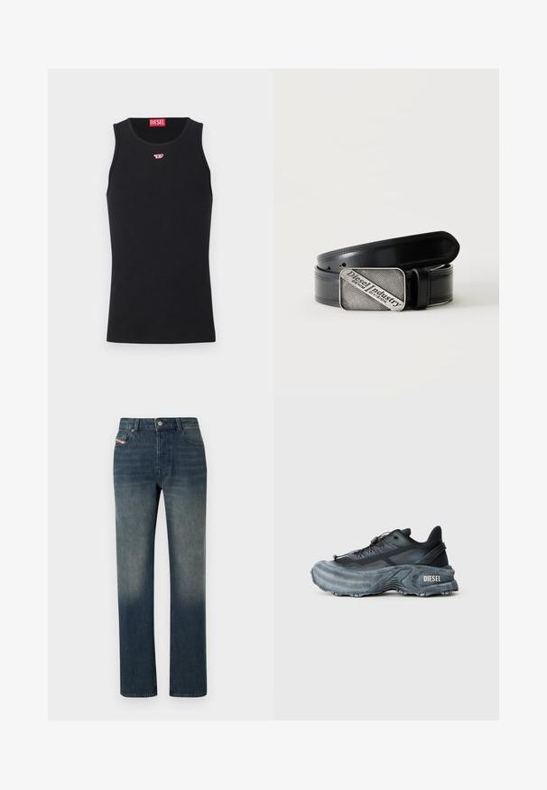 Schwarzes ärmelloses Diesel Tanktop mit kleinem roten und weißen Logo auf der Brust und rotem Diesel-Label innen im Kragen.; Blaue Jeans mit geradem Bein, verwaschenem Look, Vorderseite mit Knopf- und Reißverschluss sowie Fünf-Taschen-Design.; Schwarz- und graue Diesel-Sneaker mit dicker Sohle, Schnürverschluss und strukturiertem Design auf einem schlichten hellgrauen Hintergrund.; Schwarzer Ledergürtel mit rechteckiger silberner Schnalle, auf der der eingravierte Text "Diesel Industry Denim Division" steht, auf einem hell gestreiften Hintergrund.