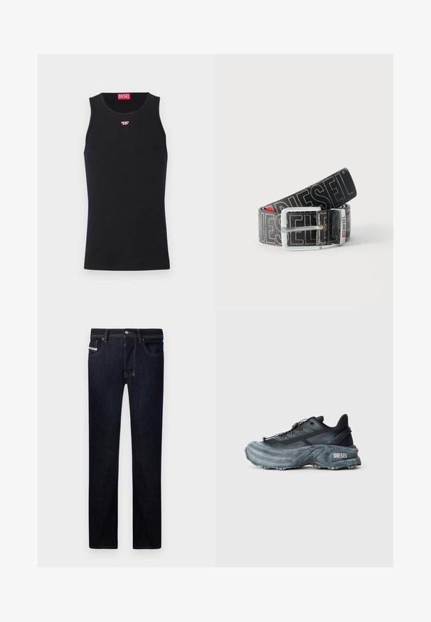 Schwarzes ärmelloses Diesel Tanktop mit kleinem roten und weißen Logo auf der Brust und rotem Diesel-Label innen im Kragen.; Dunkelblaue Jeans aus Denim mit gerader Passform, die fünf Taschen, kontrastierende Nähte und einen Metallknopfverschluss aufweisen.; Schwarz- und graue Diesel-Sneaker mit dicker Sohle, Schnürverschluss und strukturiertem Design auf einem schlichten hellgrauen Hintergrund.; Schwarzer Diesel-Gürtel mit großem weißen Logotext, rechteckiger silberner Schnalle und gebrandetem Metallschlaufen-Detail, aufgewickelt auf hellem Hintergrund.