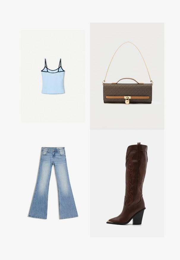 Débardeur bleu clair avec de fines bretelles noires et une coupe ajustée. Texture lisse et couleur unie, avec des bordures contrastées le long de l'encolure.; Jean en denim bleu clair à taille haute, poches avant et jambes larges évasées, posé à plat sur un fond blanc.; RAID RIMSKY - Bottes à talons hauts - brown; Sac à main rectangulaire à motifs marron avec détails en cuir beige, fermeture à verrou doré, petite poignée supérieure et fine bandoulière en chaîne dorée.