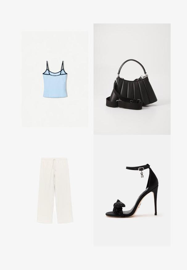 Débardeur bleu clair avec de fines bretelles noires et une coupe ajustée. Texture lisse et couleur unie, avec des bordures contrastées le long de l'encolure.; Pantalon large beige clair en tissu doux. Caractéristiques : taille élastique avec cordon de serrage, texture lisse, sans motifs apparents.; Sandale noire à talon haut avec bride à la cheville et nœud décoratif en petites perles sur la bride avant.; Sac à main plissé noir avec une poignée arrondie, une bandoulière réglable et une texture brillante. Présente des accessoires en argent et une silhouette structurée.