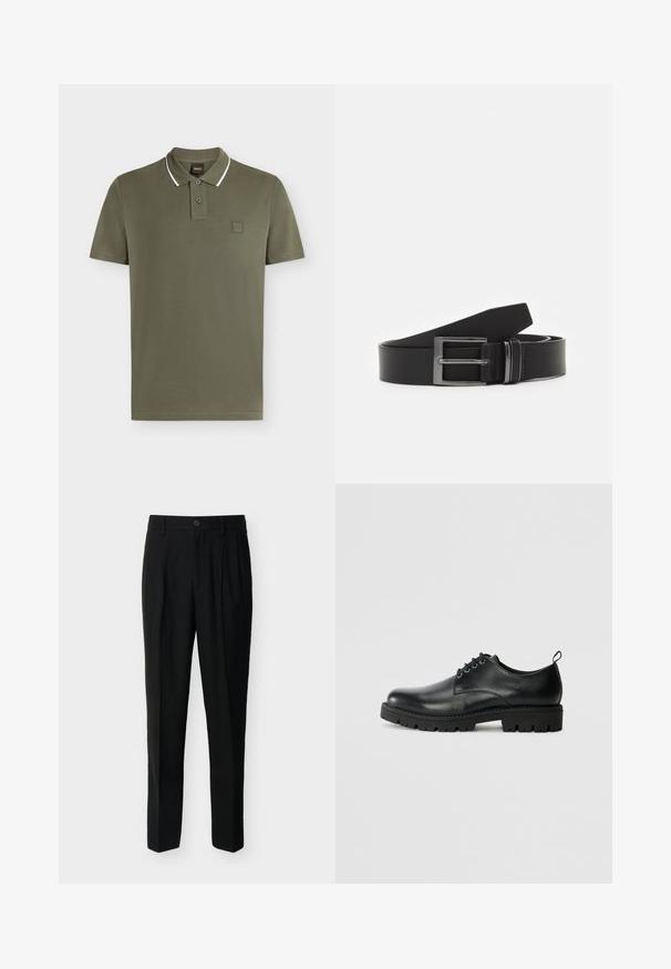 Polo manches courtes vert olive avec deux boutons, bord blanc sur le col et petit logo en relief sur la poitrine.; Pantalon noir taille haute, ajusté, avec passants de ceinture, plis à l'avant, poches latérales et fermeture boutonnée avec zip.; Chaussure en cuir noir à bout arrondi, présentant un design à lacets, une semelle en caoutchouc noire robuste et un petit onglet de talon à l'arrière.; Ceinture en cuir noir avec une boucle en métal argenté rectangulaire, au design plat et à la texture lisse. Les extrémités s'effilent pour un enfilage facile.