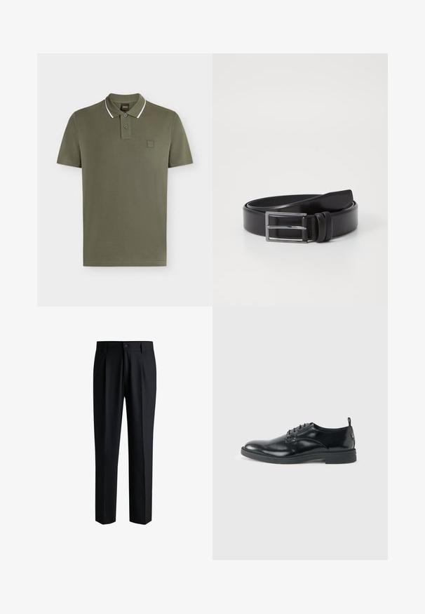 Polo manches courtes vert olive avec deux boutons, bord blanc sur le col et petit logo en relief sur la poitrine.; Pantalons noirs en tissu lisse, avec une coupe droite, des plis à l'avant et une fermeture à bouton avec passants de ceinture.; Chaussure habillée en cuir noir brillant avec un petit talon, fermeture à lacets et bout rond, vue de côté sur un fond uni et clair.; Ceinture en cuir noir au toucher lisse, dotée d'une boucle rectangulaire en argent et d'un double détail de broche. Design classique et polyvalent.