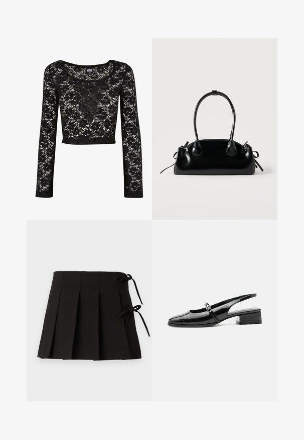 Zwart kanten cropped top met lange mouwen. Heeft een bloemenpatroon, ronde halslijn en een semi-doorzichtige textuur. Zacht, lichtgewicht materiaal.; Zwarte geplooide rok met zijsstrikjes, gemaakt van stof met een gladde textuur; heeft een gestructureerd ontwerp en strakke lijnen.; Zwarte lakleren slingback schoen met een lage blokhak en een dunne band met zilveren gesp bovenop.; Kleine zwarte glanzende handtas met twee lange hengsels en zijkant trekkoord details op een effen lichte achtergrond.