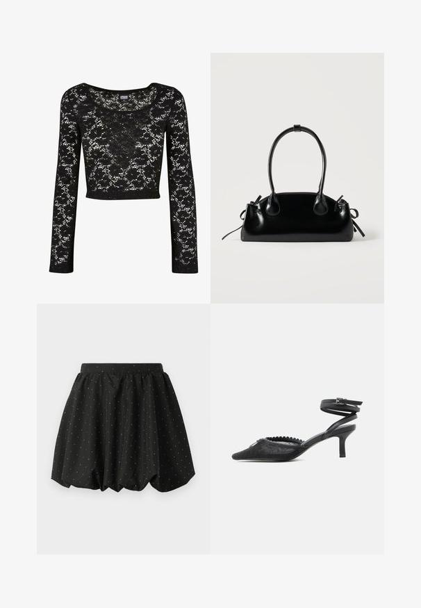Top corto de encaje negro con mangas largas. Presenta un estampado floral, cuello redondo y una textura semitransparente. Material suave y ligero.; Falda burbuja negra con cintura elástica y patrón de lunares blancos. Fabricada en una tela ligera, cuenta con un diseño voluminoso y dobladillo curvado.; Tacón kitten negro de punta puntiaguda con parte superior de encaje, borde festoneado y correa de tobillo envolvente con cierre de hebilla.; Pequeño bolso negro brillante con dos asas largas y detalles de cordón lateral sobre un fondo claro liso.