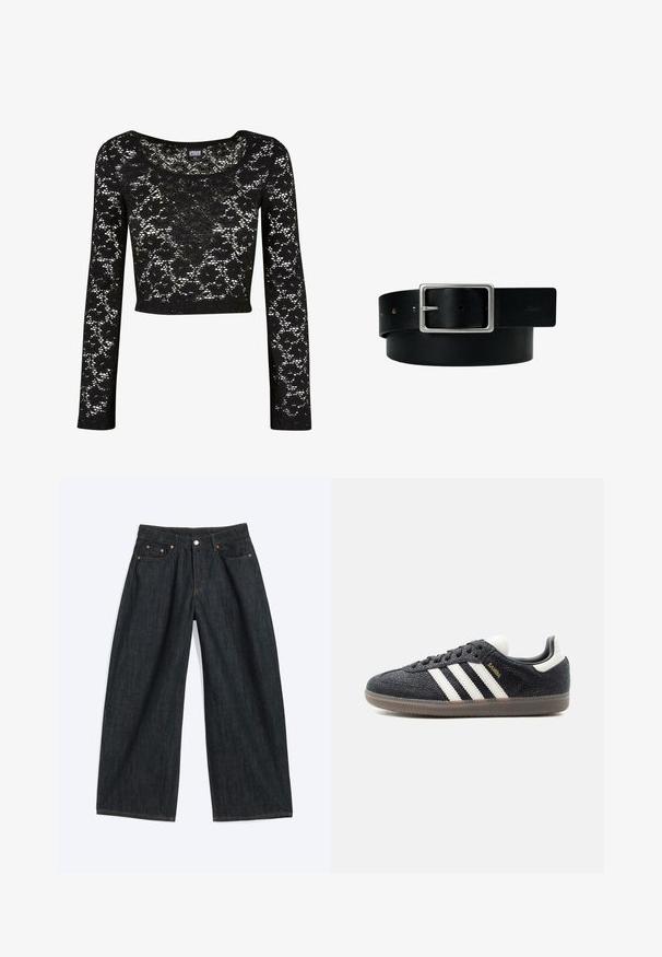 Top corto de encaje negro con mangas largas. Presenta un estampado floral, cuello redondo y una textura semitransparente. Material suave y ligero.; Vaqueros vaqueros de pierna ancha de color azul oscuro con bolsillos delanteros y trabillas para cinturón, extendidos sobre un fondo claro.; Zapatilla Adidas Samba negra con franjas blancas, suela de goma y texto dorado "Samba" en el lateral, vista de perfil izquierdo sobre fondo liso.; Cinturón de cuero negro con hebilla rectangular plateada y múltiples orificios de ajuste, colocado plano sobre un fondo blanco.