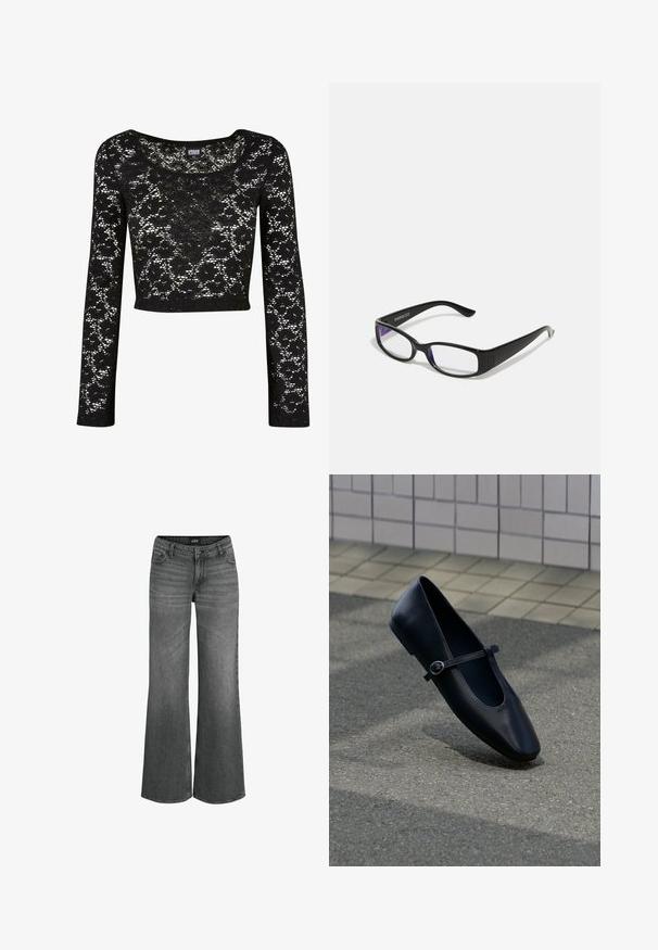 Μαύρο μπλουζάκι με δαντελένια ύφανση, cropped, με μακριά μανίκια. Διαθέτει φλοράλ μοτίβο, στρογγυλή λαιμόκοψη και ημι-διαφανή υφή. Απαλή, ελαφριά ύλη.; Γκρι τζιν ψηλόμεσο με φαρδιά μπατζάκια, κλείσιμο με κουμπιά μπροστά και κλασικό στυλ με πέντε τσέπες.; Μαύρο δερμάτινο παπούτσι Mary Jane με μικρό λουράκι με αγκράφα, τοποθετημένο σε γκρι ασφάλτινη επιφάνεια κοντά σε πλακιδωμένο τοίχο.; Μαύρα ορθογώνια γυαλιά με διάφανους φακούς. Γυαλιστερή επιφάνεια, στενοί βραχίονες και μοβ απόχρωση ορατή στις άκρες των φακών.