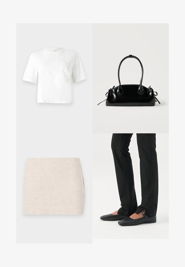 T-shirt en coton blanc à manches courtes, avec un broderie florale texturée sur le côté gauche. Encolure ronde, coupe décontractée.; Jupe en lin beige au design minimaliste, présentant une texture lisse et un tissage subtil. Elle a une coupe droite et simple, sans fermetures visibles.; Jambes vêtues d’un pantalon slim noir avec des fentes à l’avant de l’ourlet, assorties à des chaussures plates Mary Jane noires avec une petite bride à boucle.; Petit sac à main noir brillant avec deux longues anses et des détails à cordon sur les côtés sur un fond clair uni.