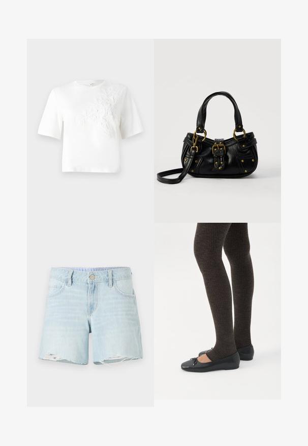 T-shirt en coton blanc à manches courtes, avec un broderie florale texturée sur le côté gauche. Encolure ronde, coupe décontractée.; Shorts en denim bleu clair avec un ourlet légèrement effilé, un design à cinq poches et une fermeture à bouton. Texture subtilement décolorée sur l'ensemble.; Jambes portant des leggings côtelés foncés associés à des ballerines noires avec de petits détails en nœud sur fond blanc.; Sac à main en cuir noir avec boucle dorée et détails à rivets, poignées courtes et bandoulière réglable sur fond blanc uni.