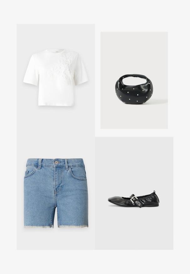 T-shirt en coton blanc à manches courtes, avec un broderie florale texturée sur le côté gauche. Encolure ronde, coupe décontractée.; Shorts en denim bleu clair avec un ourlet effiloché, design à cinq poches et passants de ceinture. Fermeture à bouton à la taille.; Chaussure plate en cuir noir avec un nez pointu, des détails froncés autour de l'ouverture et un accent en boucle argentée sur la bride ajustable.; Sac à main en cuir noir de forme arrondie, décoré de clous argentés et équipé d'une poignée courte. Texture lisse et fermeture éclair.
