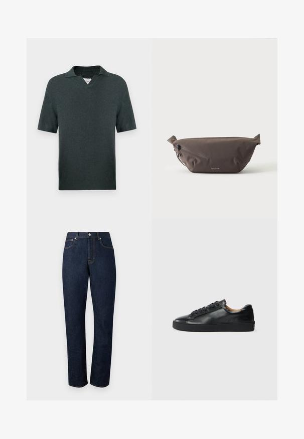 Polo à manches courtes de couleur vert foncé, en tissu tricoté texturé, avec un col classique et une encolure en V. Silhouette simple et élégante.; Jean en denim bleu foncé à jambes droites avec cinq poches, fermeture à boutons à l'avant, et surpiqûres contrastantes sur un fond uni.; Baskets en cuir noir avec une texture lisse, bout rond et fermeture à lacets. Comprend une semelle en caoutchouc épaisse et un minimum de détails de marque.; Sac banane en tissu marron foncé avec poche zippée en diagonale et petit logo blanc sur le devant, sur un fond clair uni.