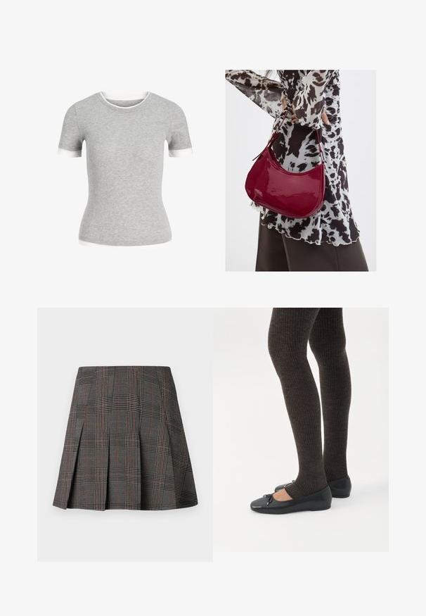 Camiseta de punto gris ajustada de manga corta con ribete blanco en las mangas, el escote y el dobladillo.; Falda de cuadros gris con pliegues, con intrincados patrones en blanco y negro, acentuados por delgadas líneas rojas. Está hecha de una tela estructurada.; Piernas con leggings oscuros acanalados combinados con bailarinas negras que presentan pequeños detalles de lazo sobre un fondo blanco.; Mujer con blusa de estampado en blanco y negro sosteniendo un bolso de hombro rojo brillante sobre un fondo liso.