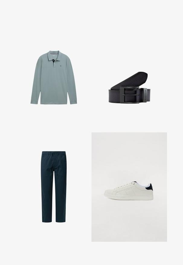 Langærmet polo-shirt i lys blå med en kontrastfarvet navy krave. Cotton materiale, med et lille logo på venstre bryst. Klassisk pasform.; Marineblå snøretræksbukser med en afslappet pasform, der har to sidelommer og et let, tekstureret stof. Standard længde med lige snit.; Hvide lædersneakers med rund tå, flad sål og marineblå detaljer ved hælen. Har snørebåndsdesign og diskrete syninger.; Sort læderbælte med en struktureret overflade, der har en rektangulær sort metalspænde og et brandet accent. Glatte kanter og lagdelt design.