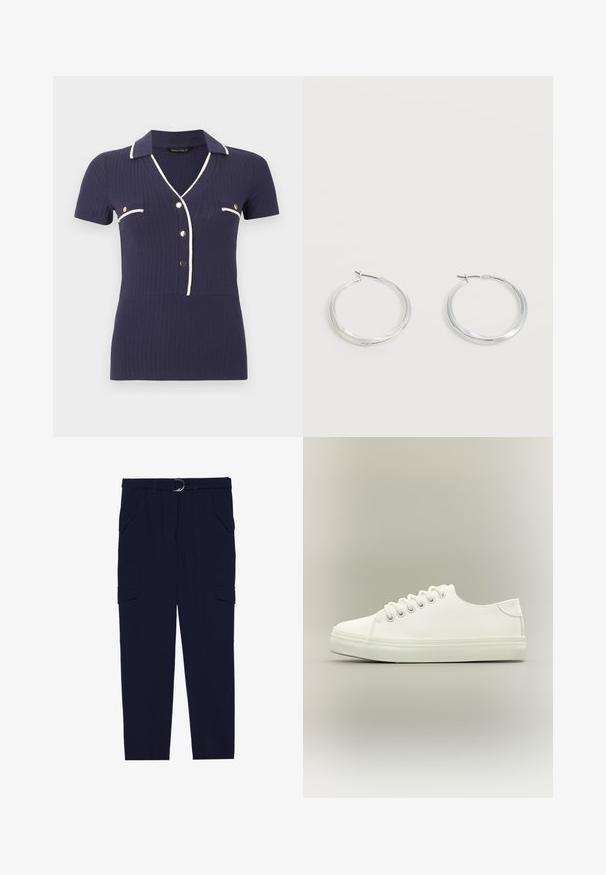 Haut en maille bleu marine à manches courtes avec bordure blanche, boutons dorés, deux poches poitrine et col en V.; Pantalons cargo navy avec une ceinture comportant un anneau en argent, quatre poches et un design de jambe fuselée, fabriqués en tissu doux et texturé.; Baskets basses blanches avec lacets blancs et semelle en caoutchouc, vues de côté sur un fond neutre.; Boucles d’oreilles créoles en métal argenté avec une surface lisse légèrement incurvée et des fermoirs à clapet sur un fond blanc uni.