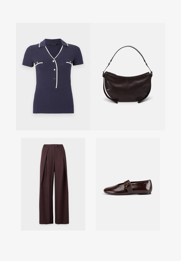 Haut en maille bleu marine à manches courtes avec bordure blanche, boutons dorés, deux poches poitrine et col en V.; Pantalon taille haute à jambes larges de couleur marron foncé avec plis à l’avant et fermeture avant dissimulée sur fond uni clair.; Chaussure plate en cuir verni marron foncé avec une large bride à boucle dorée et un bout arrondi, présentée de profil sur fond blanc.; Sac à épaule en cuir marron foncé avec une forme courbe, texture lisse et une seule sangle réglable. Doté d'une fermeture éclair.