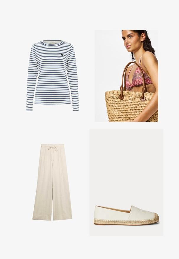 Camisa de manga larga a rayas en blanco y azul marino, con un cuello redondo y un pequeño acento de corazón negro en el lado izquierdo del pecho. Textura de tejido suave.; Pantalones de lino beige de pierna ancha con cintura elástica y cordón ajustable, diseñados para un ajuste suelto y cómodo.; Alpargata blanca sin cordones con suela de yute trenzado y detalles cosidos a lo largo de los bordes, mostrada desde el lado exterior.; Mujer con top de bikini rosa con estampado que sostiene un gran bolso tote de paja tejido con asas de cuero marrón, mirando hacia la izquierda sobre un fondo liso.