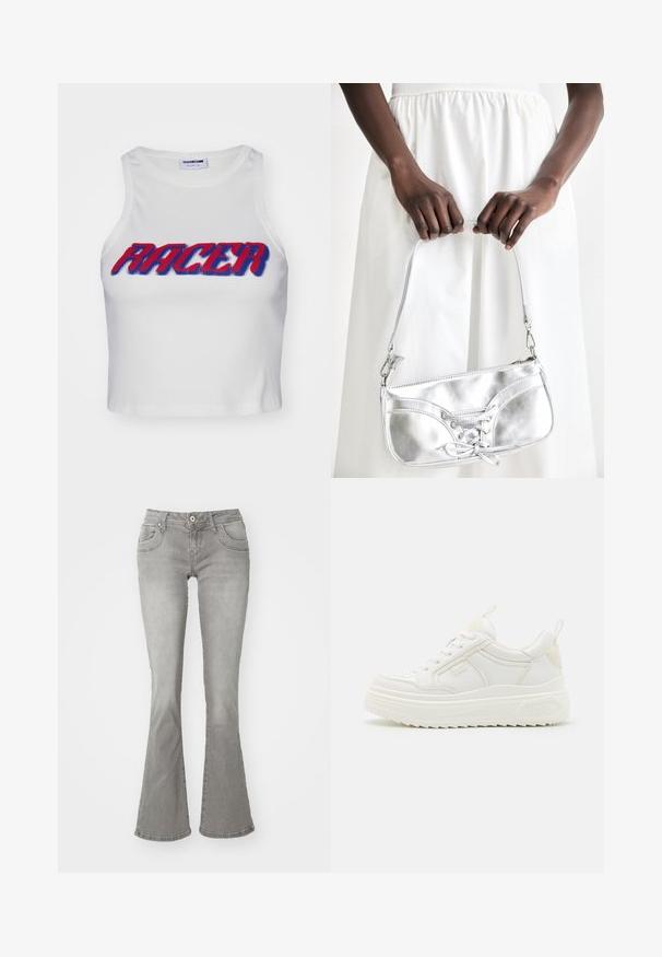 Hvid ribbet cropped tanktop med ordet "RACER" i fed rød og blå skrift over forsiden.; Grå flagrende jeans med en middelhøj talje, frontlommer og knaplukning, lavet af denimstof med en glat tekstur.; Hvide lædersneakers med en kraftig sål, snørebåndsdesign og subtil branding. Har en glat overflade og rund tå.; Sølvmetallic håndtaske med snøredetaljer, der har et slankt design og en kort strop. Tasken holdes i hænderne for at fremvise dens tekstur.