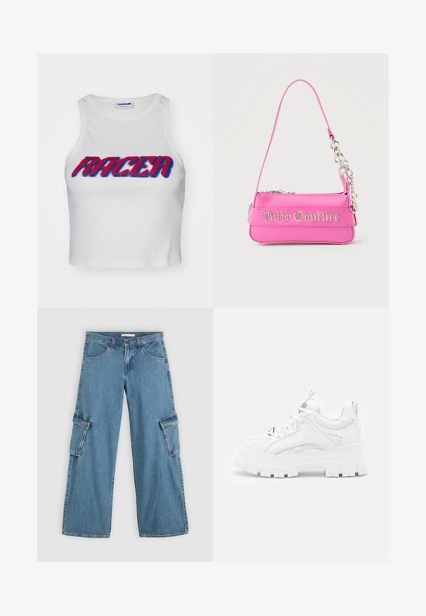 Hvid ribbet cropped tanktop med ordet "RACER" i fed rød og blå skrift over forsiden.; Bredde cargo jeans i lys blå denim med to sidelommer med klap, kontrastsyninger og et klassisk fem-lomme design.; Hvide chunky sneakers med en tekstureret overdel, polstret krave og tyk, rillede sål. Har kontrastfarvede sorte snørebånd og brandingdetaljer.; Lille lys pink Juicy Couture håndtaske med sølvkædedetalje og logotekst på forsiden, enkelt smalt skulderrem.