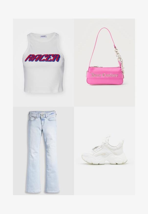 Top corto de tirantes acanalado blanco con la palabra "RACER" en letras negritas rojas y azules en la parte frontal.; Jeans acampanados de mezclilla azul claro con cintura alta, con cierre de botón, cinco bolsillos y sutiles detalles de desgaste en las caderas.; Zapatillas blancas gruesas con materiales de cuero y malla, que cuentan con una suela gruesa, punta redondeada y cordones decorativos. Acentos ligeramente texturizados.; Bolso pequeño de Juicy Couture de color rosa brillante con detalle de cadena plateada y letras del logo en el frente, con una sola correa estrecha para el hombro.