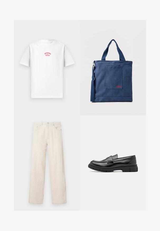 Weißes Baumwoll-T-Shirt mit rotem Druckdesign, das "Perdido en el paraíso" über die Brust liest, mit kurzen Ärmeln und lockerer Passform.; Beige weite Hosen aus strukturiertem Stoff, mit einem Knopfverschluss, Gürtelschlaufen und klassischem Taschenstil.; Schwarze Lederloafer mit einem breiten Riemen über dem Rist, Gummisohle mit dicken Profilen und glatter Textur. Klassisches, schlankes Design.; Blauer Canvas-Einkaufstasche mit Vordertasche und roter "O.N.S" Stickerei, ausgestattet mit zwei Griffen und einem verstellbaren Schulterriemen.