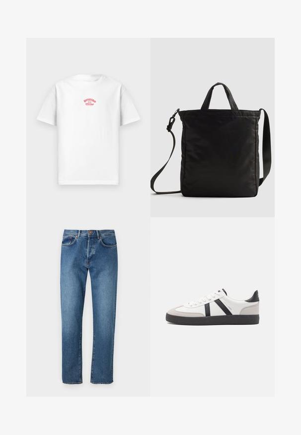 Weißes Baumwoll-T-Shirt mit rotem Druckdesign, das "Perdido en el paraíso" über die Brust liest, mit kurzen Ärmeln und lockerer Passform.; Hellblaue Denim-Jeans mit geradem Bein, fünf Taschen, Knopfverschluss und dezenter Ausbleichung an der Vorderseite.; Weiße Sneaker mit schwarz- und grau-aczenten, ausgestattet mit einer strukturierten grauen Zehenkappe, schwarzer Gummi-Sohle und flachen weißen Schnürsenkeln. Sauberes Design, minimalistische Stil.; Schwarze Nylon-Tote-Bag mit kurzen Griffen und einem abnehmbaren Schultergurt, die ein elegantes, gestepptes Design und minimale Hardware-Details aufweist.