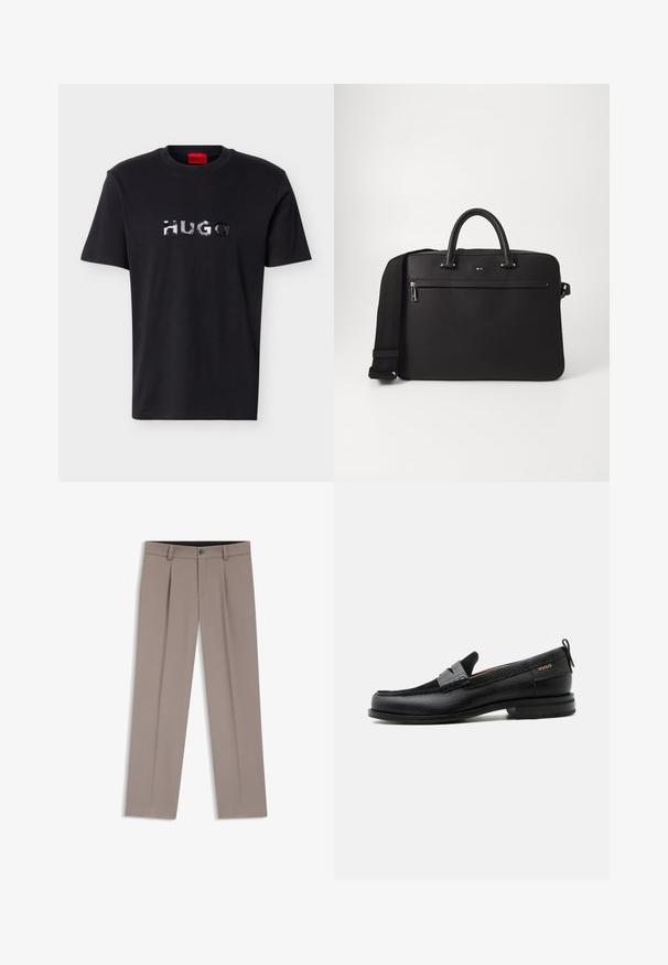 Μαύρο κοντομάνικο T-shirt με στρογγυλή λαιμόκοψη και λαμπερό ασημί λογότυπο "HUGO" στο κέντρο του στήθους και κόκκινη ετικέτα στο εσωτερικό του γιακά.; Ανδρικό παντελόνι σε ανοιχτό καφέ χρώμα με ραφές, θηλιές για ζώνη, πιέτες, εμπρόσθιο κουμπί και φερμουάρ, απλωμένο επίπεδα σε λευκό φόντο.; Μαύρος δερμάτινος λόφερ με γκρι λουράκι, χαμηλό τακούνι και υφασμένο πέλμα, με το λογότυπο "HUGO" σε χρυσό στο πλάι.; Μαύρη δερμάτινη τσάντα με λεία υφή, διπλές επάνω λαβές και αποσπώμενος ιμάντας ώμου. Διαθέτει τσέπη με φερμουάρ μπροστά και λεπτομέρεια λογότυπου.