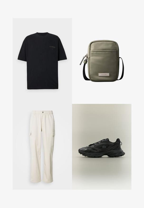 Camiseta negra de manga corta con cuello redondo y pequeño logo "ALLSAINTS" impreso en la parte superior izquierda del pecho.; Pantalones cargo color crema con una cintura elástica, bolsillos laterales, un diseño de pierna recta y una textura de tela suave y ligera.; Zapatilla deportiva negra con parte superior texturizada y líneas elegantes, cierre de cordones y suela de goma con picos de tracción. Detalle del logo en relieve.; Bolso bandolera compacto verde oliva con bolsillo frontal, correa negra ajustable, cierre de cremallera y placa con el logo de Calvin Klein.