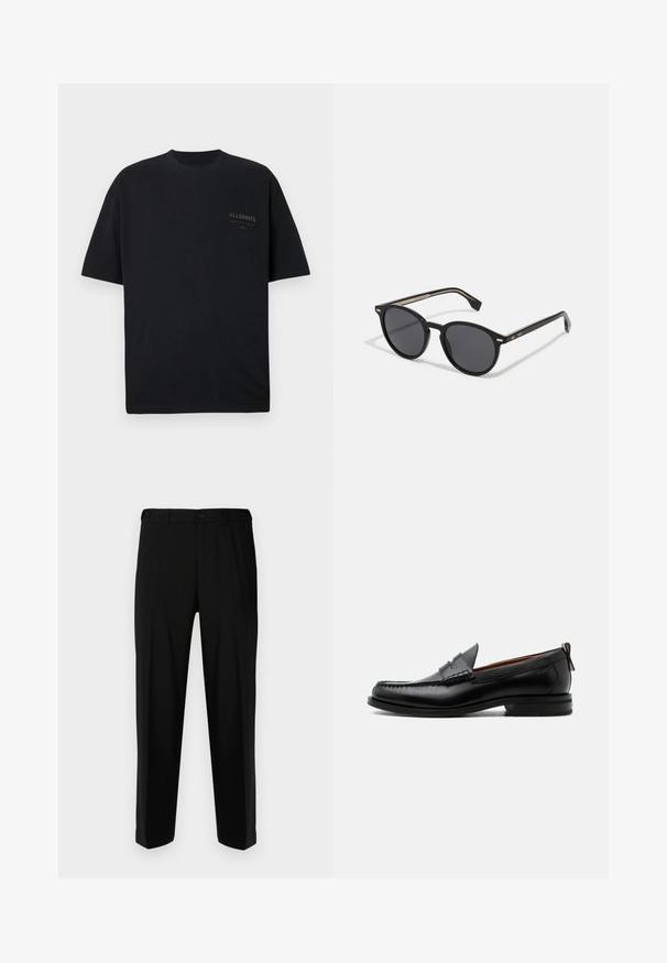 Zwart T-shirt met korte mouwen en ronde hals met klein "ALLSAINTS" logo gedrukt op de bovenste linkerborst.; Zwarte broek van gladde stof, met een rechte snit, twee voorzakken en een ritssluiting met knoopsluiting.; Zwarte leren herensloffen met moc toe stiksel, pennyriem, gestructureerde kraag en lage gestapelde hak op witte achtergrond.; BOSS Zonnebril - black