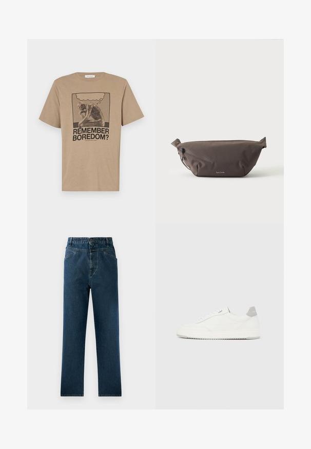 Beige katoenen t-shirt met een grafisch ontwerp van een figuur die zit na te denken en de tekst "HERINNER JE JE VERVELING?" gedrukt in zwart. Rond de hals ontwerp.; Donkerblauwe spijkerbroek met rechte pijpen en een hoge taille, voorzien van voorzakken en een knoopsluiting. Gelaagd materiaal met subtiele vervaging.; Witte lage sneaker met grijze hielpatch, witte veters en een gestructureerde zool, gepresenteerd op een effen lichte achtergrond.; Donkerbruine stoffen heuptas met diagonale ritssluiting en klein wit logo aan de voorkant, tegen een effen lichte achtergrond.