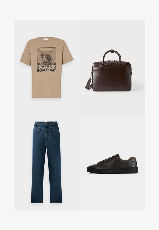 Beige Baumwoll-T-Shirt mit einem Grafikdruck, der eine nachdenkliche Figur und den Text "ERINNERST DU DICH AN LANGWEILE?" in Schwarz zeigt. Mit Rundhalsausschnitt.; Dunkelblaue Denim-Jeans mit geradem Bein und hoher Taille, mit Fronttaschen und Knopfverschluss. Texturiert mit subtilen Auswaschungen.; Flach geschnittener dunkelbrauner Ledersneaker mit schwarzer Gummisohle, Schnürung vorne und schlicht-minimalistischem Design auf hellem Hintergrund.; Dunkelbraune Lederaktentasche mit zwei Griffen, einem abnehmbaren Schulterriemen und einem kleinen Logo vorne auf schlichtem Hintergrund.
