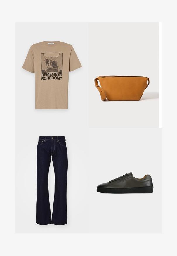 Beige katoenen t-shirt met een grafisch ontwerp van een figuur die zit na te denken en de tekst "HERINNER JE JE VERVELING?" gedrukt in zwart. Rond de hals ontwerp.; Donkerblauwe denim flared jeans met een hoge taille, voorzien van contrasterende gele stiksels en metalen accenten bij de taille en zakken.; Donkergrijze leren lage sneaker met zwarte veters en zool, minimalistisch ontwerp, zijaanzicht op een effen lichte achtergrond.; Lichtbruine leren crossbodytas met verstelbare band en ritssluiting, getoond tegen een effen lichte achtergrond.