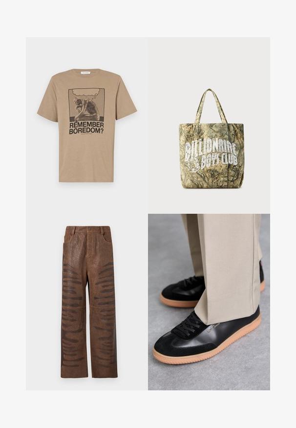 Beige Baumwoll-T-Shirt mit einem Grafikdruck, der eine nachdenkliche Figur und den Text "ERINNERST DU DICH AN LANGWEILE?" in Schwarz zeigt. Mit Rundhalsausschnitt.; Braune Kunstlederhosen mit strukturiertem Finish, die längliche horizontale Ausschnitte an den Seiten und ein gerades Bein-Design aufweisen.; Paul Smith COMO - Sneaker low - black; Tasche mit Camouflage-Muster aus strukturiertem Stoff mit zwei Griffen. Auf einer Seite befindet sich ein auffälliges weißes Logo.