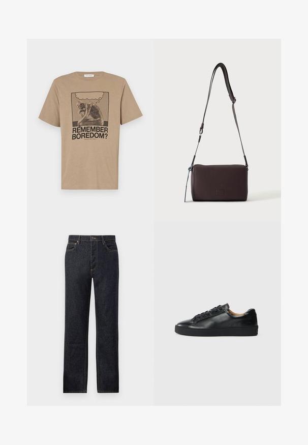 Beige bomulds t-shirt med et grafisk motiv af en tænksom figur og teksten "HUSKER DU KEDSELIGEHED?" trykt i sort. Rund hals design.; Mørk denimjeans med lige benudskæring, kontrastfarvet gul syning, fem-lommemodel og frontknaplukning.; Sorte lædersneakers med en glat overflade, rund tå og snørebåndslukning. Har en tyk gummisål og minimal branddetalje.; Mørkebrun textured læder crossbody taske med justerbar rem og lille dekorativ blå accent på siden.
