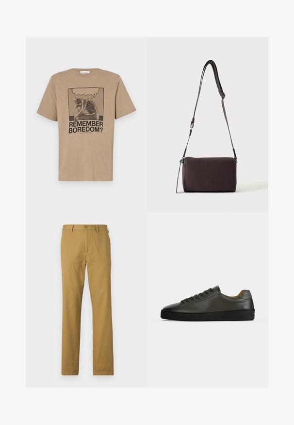 Beige katoenen t-shirt met een grafisch ontwerp van een figuur die zit na te denken en de tekst "HERINNER JE JE VERVELING?" gedrukt in zwart. Rond de hals ontwerp.; Beige katoenen broeken met een rechte snit, voorzakken en een knoopsluiting. Gladde textuur en minimaal ontwerp, zonder zichtbare patronen.; Donkergrijze leren lage sneaker met zwarte veters en zool, minimalistisch ontwerp, zijaanzicht op een effen lichte achtergrond.; Donkerbruine gestructureerde leren crossbodytas met verstelbare riem en klein decoratief blauw accent aan de zijkant.