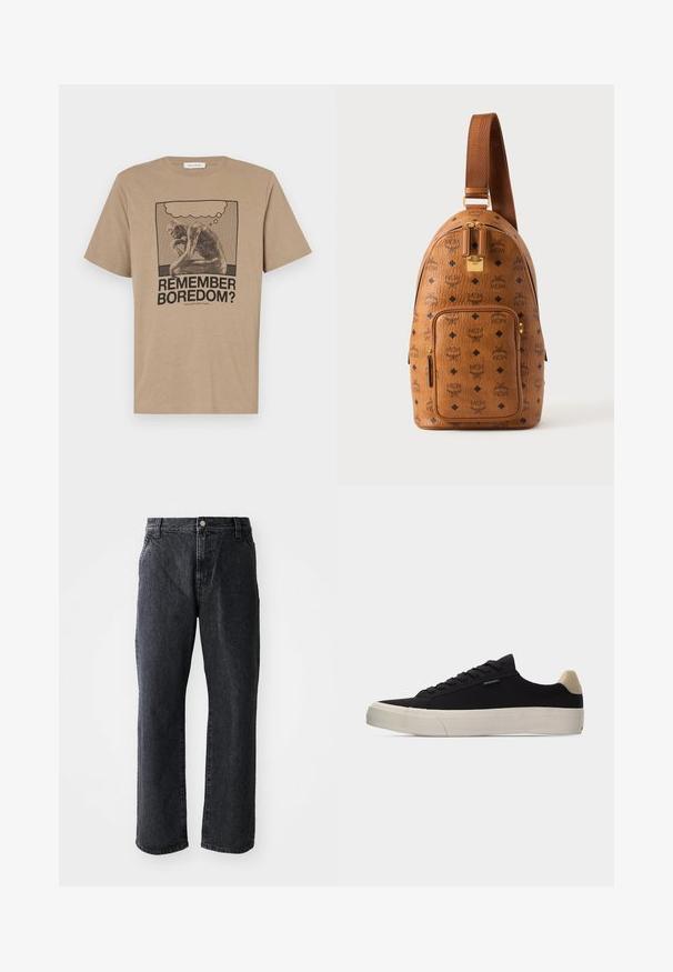 Beige bomulds t-shirt med et grafisk motiv af en tænksom figur og teksten "HUSKER DU KEDSELIGEHED?" trykt i sort. Rund hals design.; Sorte denim jeans med lige snit, med knaplukning, fem lommer og subtil tekstur. Klassisk design uden fremtrædende mønstre.; Sort lavsko med beige hælkappe, tyk hvid gummisål, sorte snørebånd og lille "PS Paul Smith" mærke på siden.; Brun læder sling rygsæk med sort diamant- og MCM-logo mønster, lynlåslomme foran, guldfarvet lynlås og justerbar rem.
