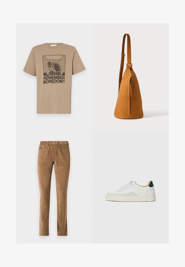 Beige bomulds t-shirt med et grafisk motiv af en tænksom figur og teksten "HUSKER DU KEDSELIGEHED?" trykt i sort. Rund hals design.; Brune corduroy bukser med en skræddersyet pasform, der har fem lommer, en knaplukning og syet detaljer langs sømmene.; Hvide sneakers med ruskindsdetaljer, rund tå, flade snørebånd og en cremet gummisål. Har grøn branding på hælen.; Tan læder crossbodytaske med justerbar rem og lodret lynlåslomme, vist fra siden mod en ensfarvet lys baggrund.