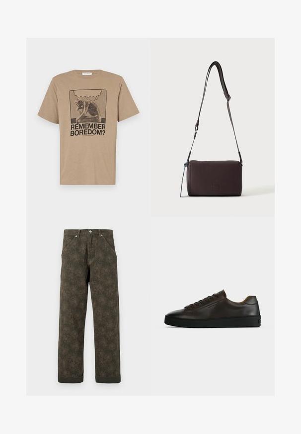 Beige bomulds t-shirt med et grafisk motiv af en tænksom figur og teksten "HUSKER DU KEDSELIGEHED?" trykt i sort. Rund hals design.; Mørkegrønne bukser med subtil blomsterprint, frontknap, lommer og opsmøgede kanter.; Lavprofil mørkebrune lædersneaker med sort gummisål, snørelukning foran og glat minimalistisk design på lys baggrund.; Mørkebrun textured læder crossbody taske med justerbar rem og lille dekorativ blå accent på siden.