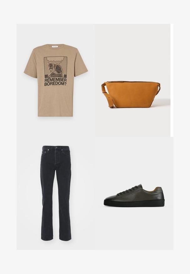 Beige bomulds t-shirt med et grafisk motiv af en tænksom figur og teksten "HUSKER DU KEDSELIGEHED?" trykt i sort. Rund hals design.; Sorte denimjeans med lige ben-design, der har fem lommer og knappelukning. Stoffet har en subtil tekstur og en robust overflade.; Lavtskåret mørkegrå læder sneaker med sorte snørebånd og sål, minimalistisk design, sideprofil på en ensfarvet lys baggrund.; Lys brun læder crossbody taske med justerbar rem og lynlås, vist mod en ensartet lys baggrund.