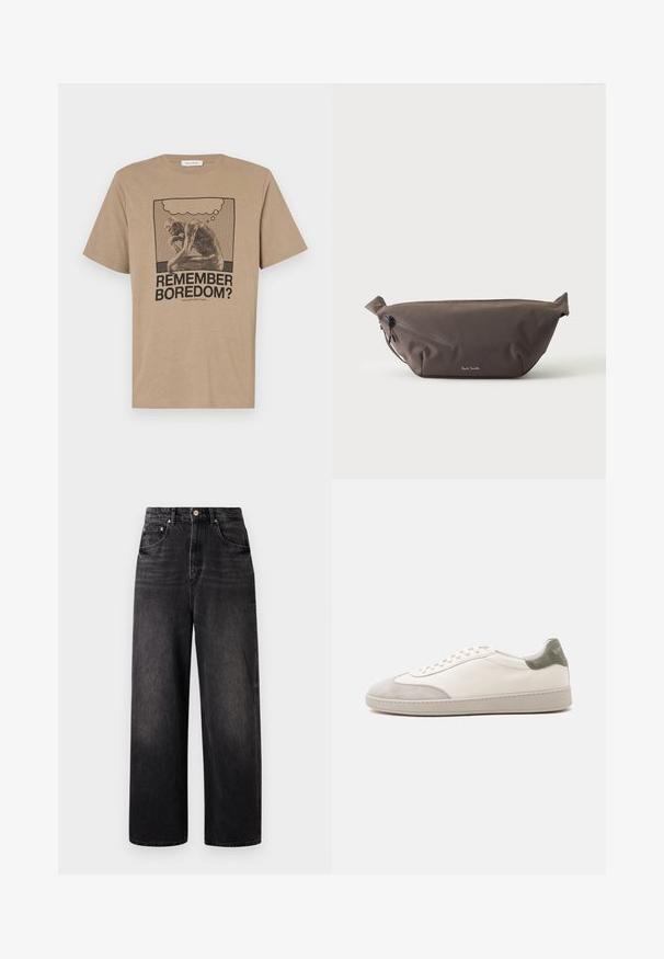 Beige katoenen t-shirt met een grafisch ontwerp van een figuur die zit na te denken en de tekst "HERINNER JE JE VERVELING?" gedrukt in zwart. Rond de hals ontwerp.; Zwarte denim jeans met een losse pasvorm, hoge taille, vijf zakken en een opvallende knoopsluiting. Heeft subtiele vervaging en een recht gesneden ontwerp.; Witte lage sneaker met lichtgrijze suède accenten op de neus en hiel, witte veters en een platte beige zool, gezien vanaf de buitenkant.; Donkerbruine stoffen heuptas met diagonale ritssluiting en klein wit logo aan de voorkant, tegen een effen lichte achtergrond.