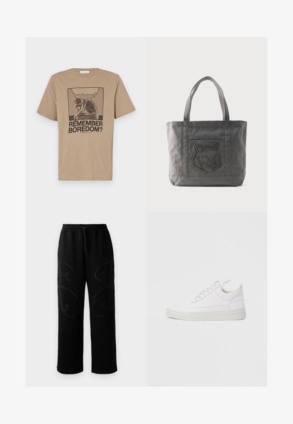 Beige katoenen t-shirt met een grafisch ontwerp van een figuur die zit na te denken en de tekst "HERINNER JE JE VERVELING?" gedrukt in zwart. Rond de hals ontwerp.; Zwarte sweatpants met een comfortabele pasvorm, voorzien van complexe draaiende stikpatronen langs de zijkanten en een elastische tailleband met trekkoord.; Witte leren sneaker met een afgeronde neus, platte zool en veters aan de voorkant. Voorzien van stikseldetails en een gevoerde kraag voor comfort.; Grijze katoenen draagtas met twee handvatten en een voorvak met een gestikte wolfskop erop.
