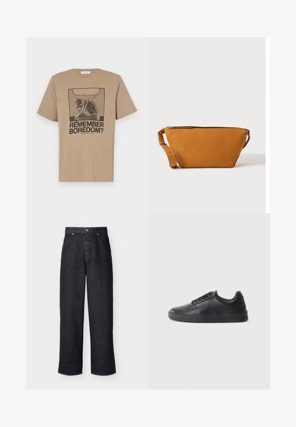 Beige bomulds t-shirt med et grafisk motiv af en tænksom figur og teksten "HUSKER DU KEDSELIGEHED?" trykt i sort. Rund hals design.; Sorte, sortlivshøjde, straight-leg denimjeans med knaplukning og forlommer, vist mod en ensfarvet lys baggrund.; Sorte lædersneakers med en glat finish, rund tå, struktureret sidelæder og sorte snørebånd. Har en flad gummisål og et minimalistisk design.; Lys brun læder crossbody taske med justerbar rem og lynlås, vist mod en ensartet lys baggrund.