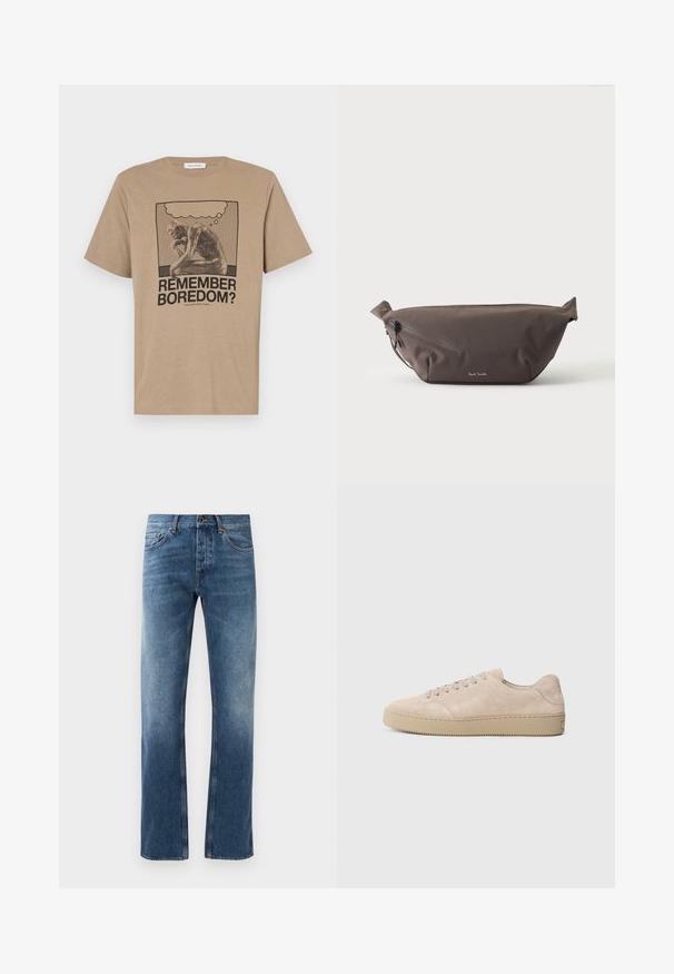 Beige katoenen t-shirt met een grafisch ontwerp van een figuur die zit na te denken en de tekst "HERINNER JE JE VERVELING?" gedrukt in zwart. Rond de hals ontwerp.; Blauwe denim jeans met een rechte pijpdesign, vervaagde wassing, vijf zakken en contrasterende stiksels. Knopen- en ritssluiting bij de tailleband.; Beige suede sneaker met een ronde neus, platte veters en een gestructureerde rubberen zool. Minimalistisch ontwerp met gladde randen en subtiele stiksels.; Donkerbruine stoffen heuptas met diagonale ritssluiting en klein wit logo aan de voorkant, tegen een effen lichte achtergrond.