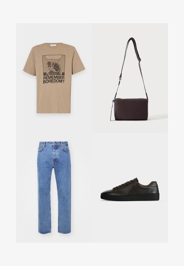 Beige bomulds t-shirt med et grafisk motiv af en tænksom figur og teksten "HUSKER DU KEDSELIGEHED?" trykt i sort. Rund hals design.; Won Hundred STEVE - Jeans Relaxed Fit - cut blue; Lavprofil mørkebrune lædersneaker med sort gummisål, snørelukning foran og glat minimalistisk design på lys baggrund.; Mørkebrun textured læder crossbody taske med justerbar rem og lille dekorativ blå accent på siden.