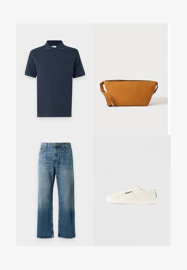 Polo de color azul marino hecho de algodón, con cuello clásico, mangas cortas y un sutil logo en contraste en el lado izquierdo del pecho. Textura suave.; Jeans de pierna ancha en azul claro con un acabado desgastado, que cuentan con cierre de un solo botón, cinco bolsillos y costuras contrastantes.; Zapatillas de deporte de color beige claro con una textura suave, diseño con cordones y un detalle de rayas coloridas en el lateral. Suela de goma blanca. Parte trasera lisa.; Bolso bandolera de cuero marrón claro con correa ajustable y cierre de cremallera, mostrado sobre un fondo claro y liso.