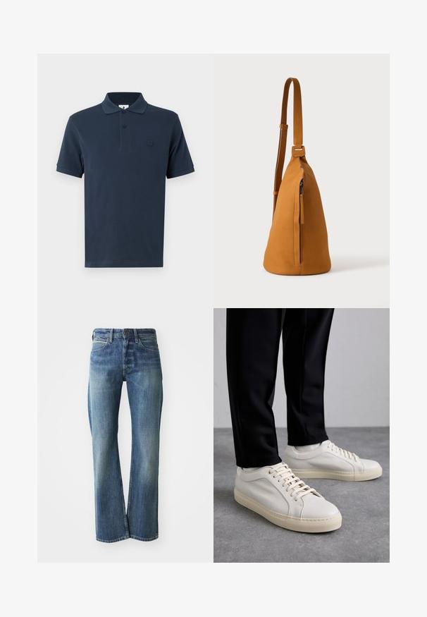 Marineblå polo t-shirt lavet af bomuld med en klassisk krave, korte ærmer og et subtilt kontrastlogo på venstre bryst. Glat tekstur.; Denim jeans med en lys til mellemblå farve, lige ben skæring, klassisk fem-lommer design og subtil falmning foran.; Lys beige lædersneakers med flade snørebånd, en tekstureret overflade og en kontrasterende cremelilla gummisål, båret med sorte tapered bukser.; Tan læder crossbodytaske med justerbar rem og lodret lynlåslomme, vist fra siden mod en ensfarvet lys baggrund.
