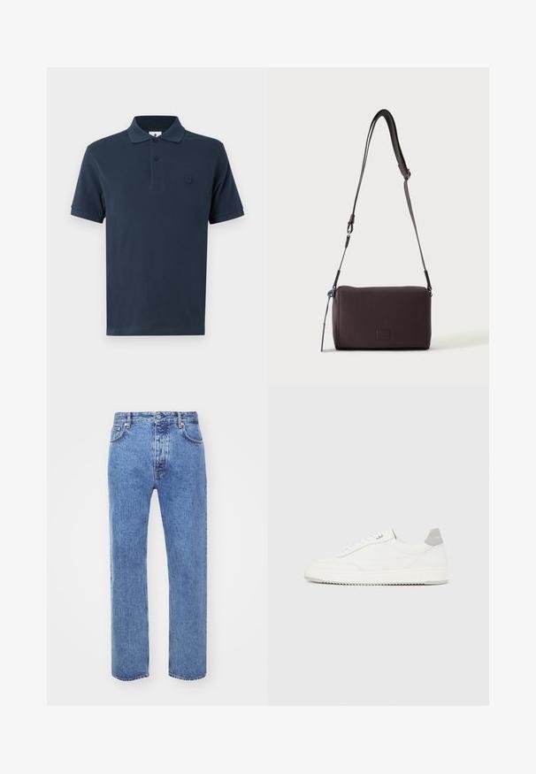 Marineblå polo t-shirt lavet af bomuld med en klassisk krave, korte ærmer og et subtilt kontrastlogo på venstre bryst. Glat tekstur.; Won Hundred STEVE - Jeans Relaxed Fit - cut blue; Hvid lavtop-sneaker med gråt hælflig, hvide snørebånd og tekstureret sål, vist på en ensfarvet lys baggrund.; Mørkebrun textured læder crossbody taske med justerbar rem og lille dekorativ blå accent på siden.