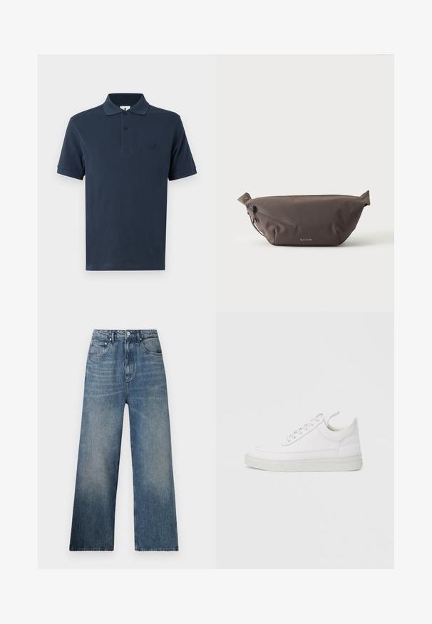 Marineblå polo t-shirt lavet af bomuld med en klassisk krave, korte ærmer og et subtilt kontrastlogo på venstre bryst. Glat tekstur.; Blå denim bredbenede jeans med høj talje, subtilt slid, fem lommer og metalknaplukning foran.; Hvid lædersneaker med rundet tå, flad sål og snørebånd foran. Har syningsdetaljer og polstret krave for komfort.; Mørkebrun stof talje taske med diagonalt lynlåslomme og lille hvidt logo på fronten, sat mod en ensfarvet lys baggrund.