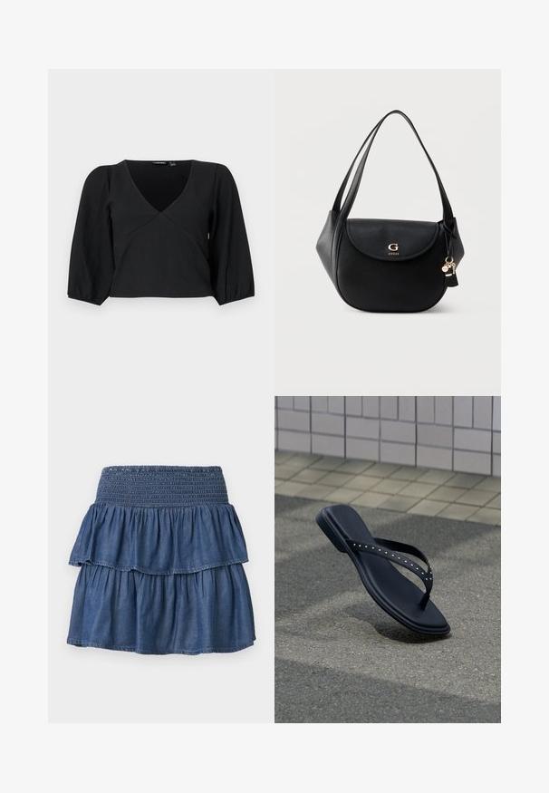 Top de tirantes texturizado negro con escote en V, que cuenta con mangas largas abullonadas y un diseño estilo envolvente.; Falda vaquera azul con volantes, cintura ancha fruncida y dos capas recogidas sobre un fondo liso.; Sandalia negra tipo chancla con tiras tachonadas suspendida sobre pavimento de asfalto cerca del borde de una pared con azulejos.; Bolso de hombro de cuero negro con solapa curva, logo dorado "G GUESS", correas dobles y charms colgantes de llavero sobre un fondo liso.